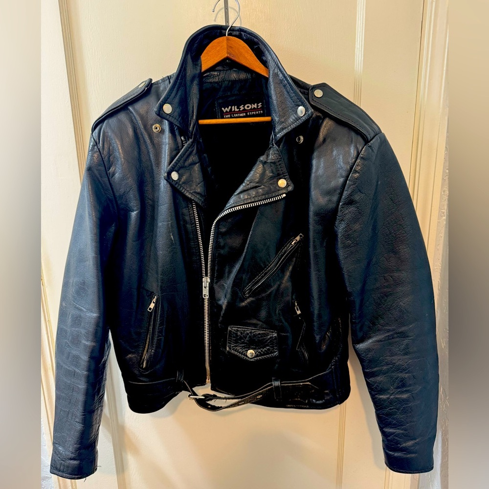Vintage Wilson's heavy black leather biker jacket. Pure Rock-n-Roll goodness!!
